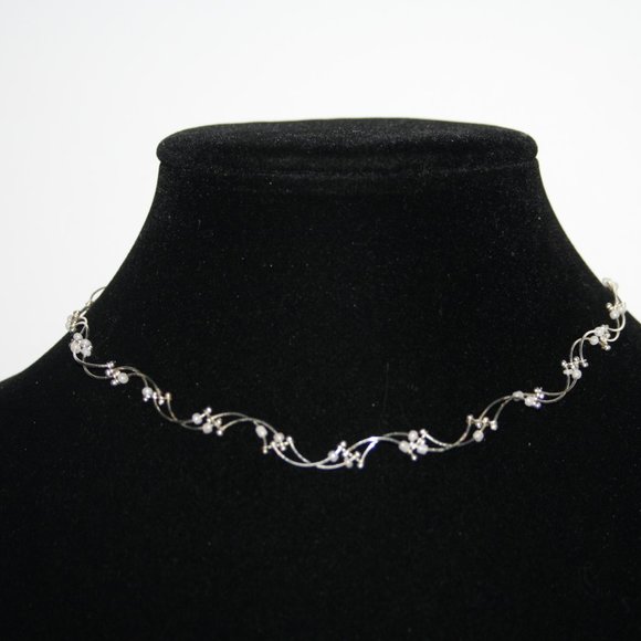 Silver and white bead choker necklace 12-15"